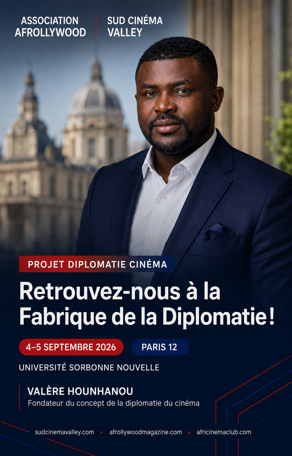 Affiche de la Fabrique de la Diplomatie : Valère Hounhanou, fondateur du concept de la diplomatie du cinéma