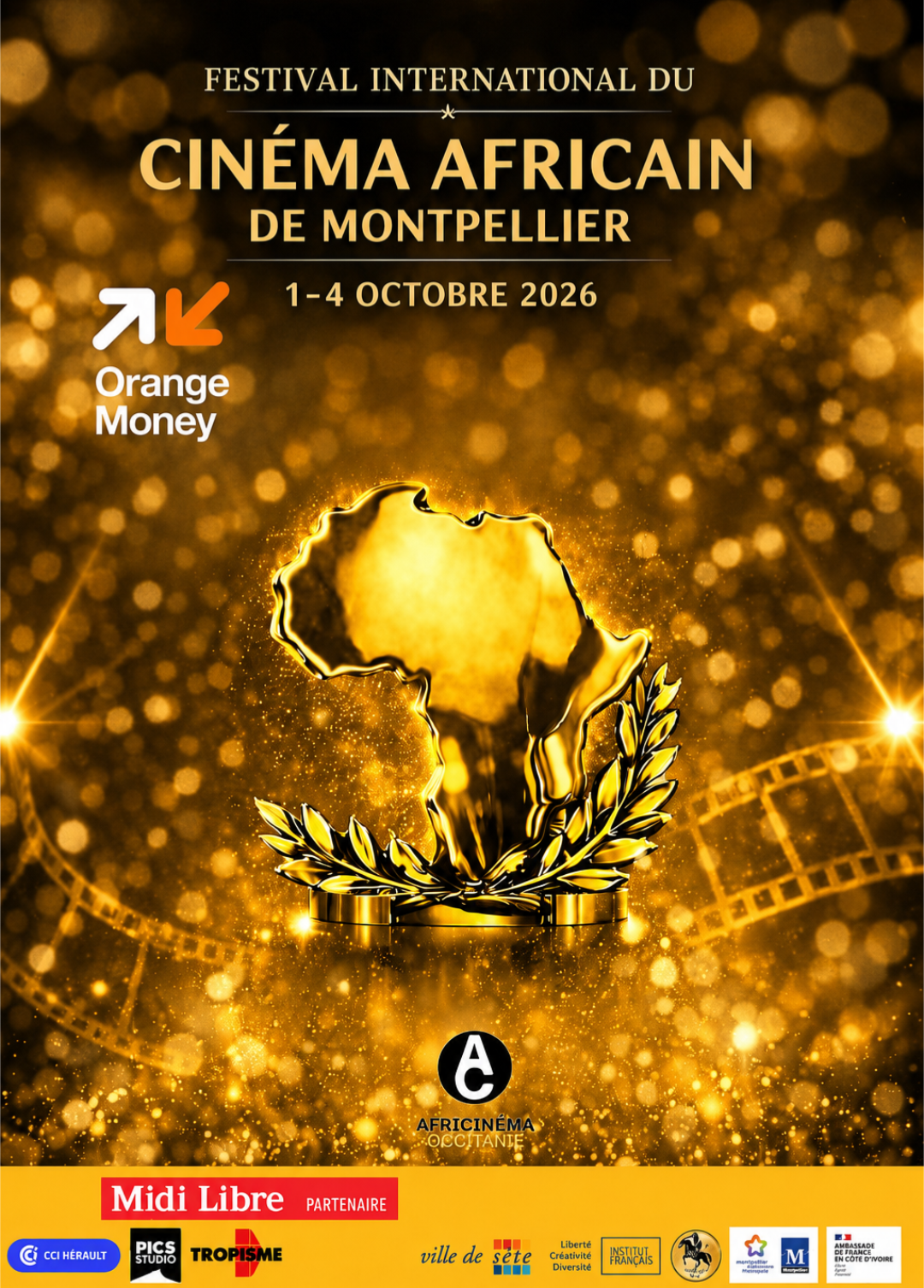 Affiche officielle du Festival International du Cinéma Africain de Montpellier 2026, trophée doré en forme d'Afrique