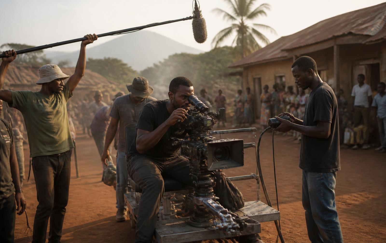 Équipe de tournage africaine au travail sur un plateau en extérieur